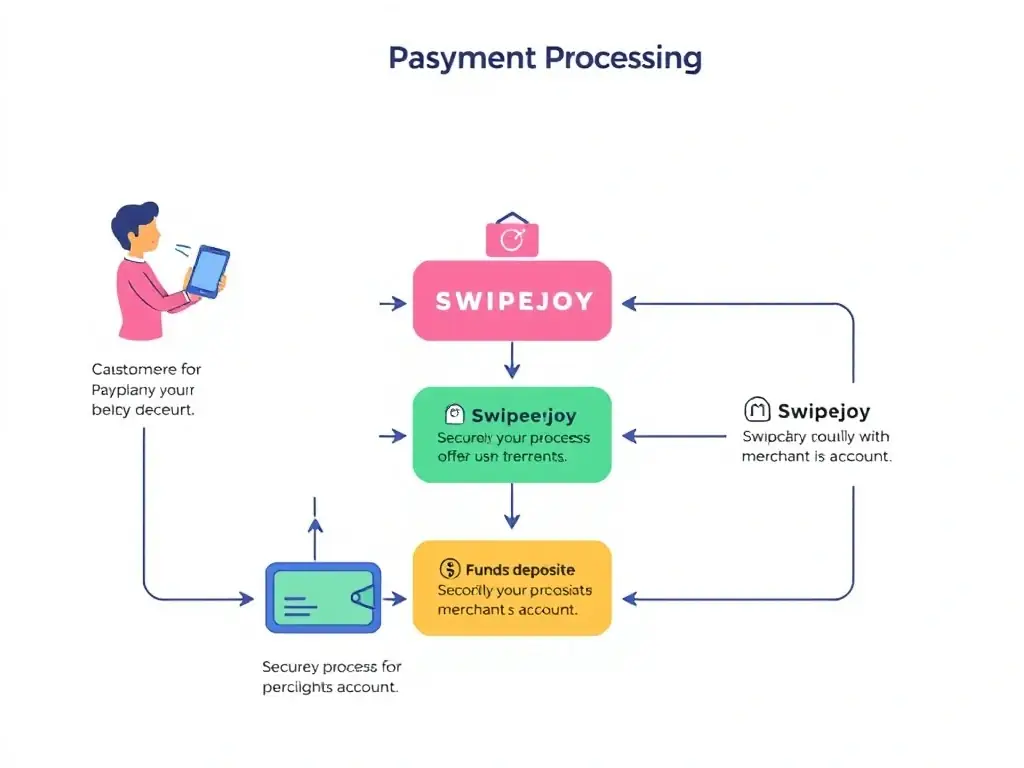 A flowchart illustrating the payment processing steps: customer initiates payment, Swipejoy securely processes the transaction, funds are deposited into the merchant's account.
