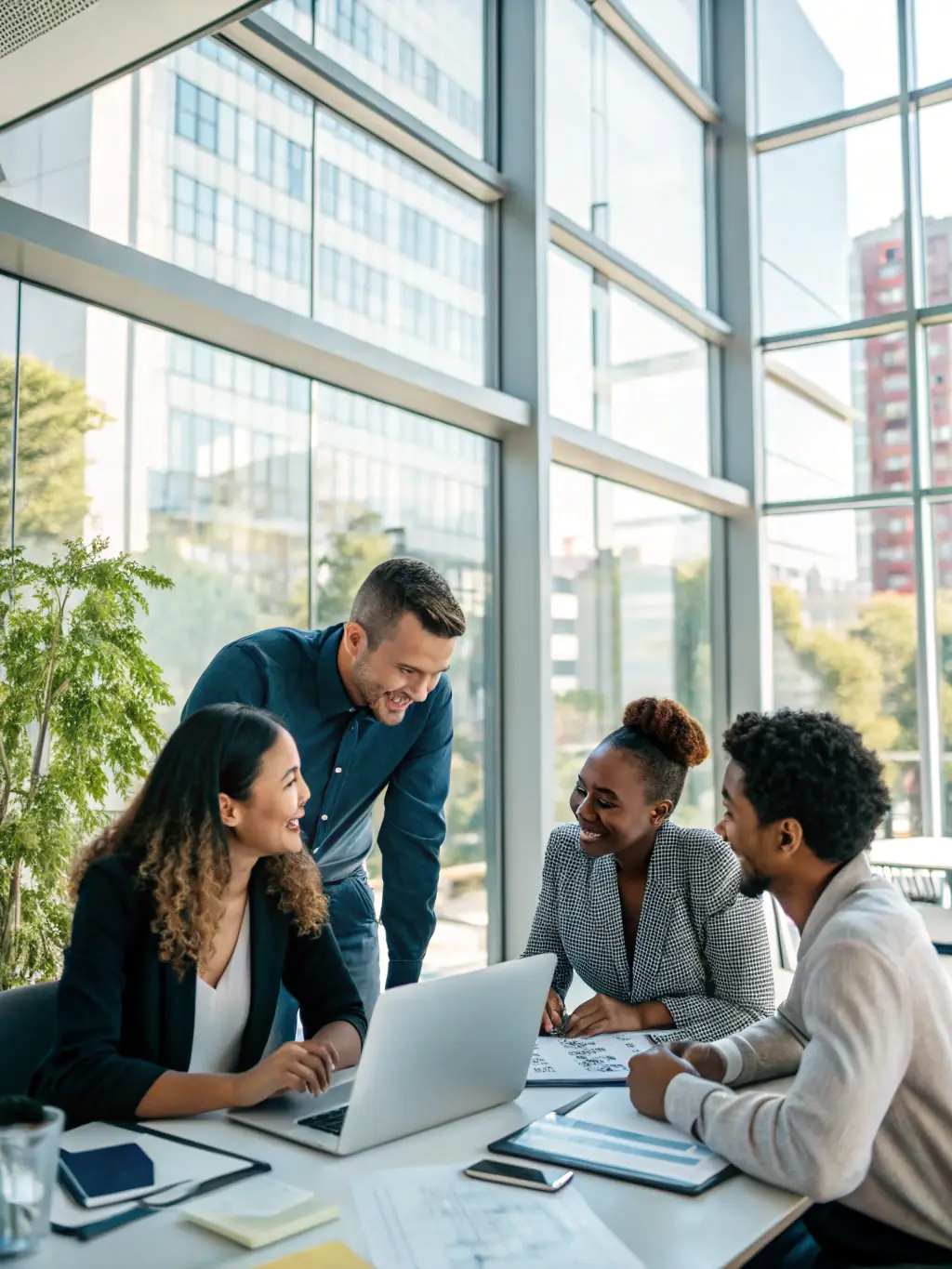 A professional photo of a diverse team collaborating in a modern office, symbolizing Swipejoy's collaborative approach and partner-driven solutions.