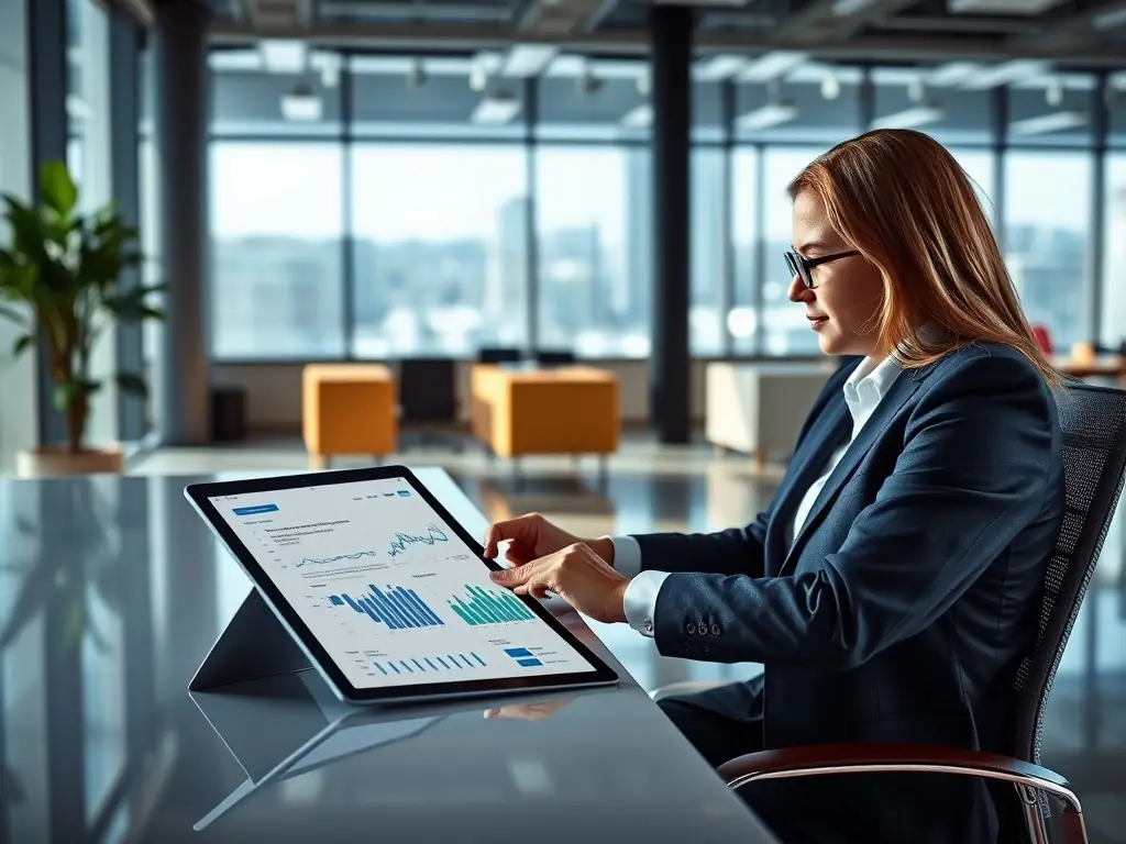 A professional business owner is reviewing financial reports on a tablet, with a modern office environment in the background, symbolizing improved financial oversight.