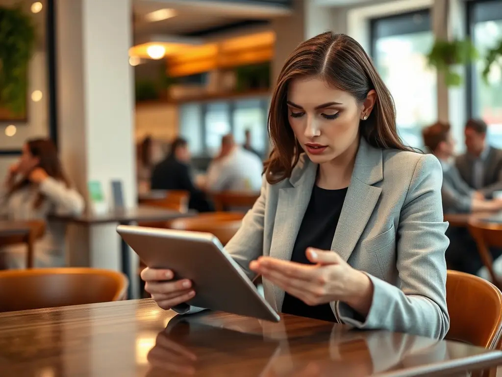A business owner is reviewing transaction data on a tablet, highlighting the benefits of Swipejoy's payment processing platform.