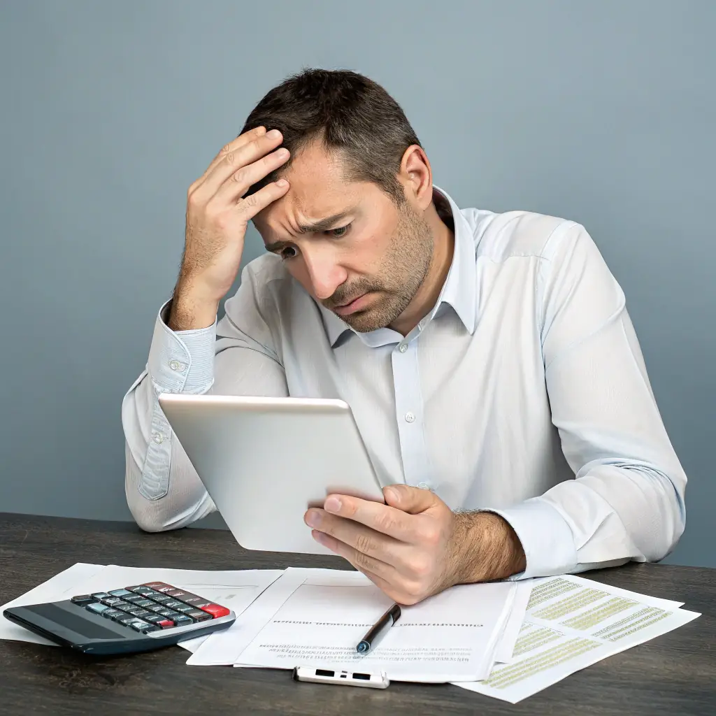 Business owner reviewing credit card processing statement to identify hidden fees and reduce merchant service costs