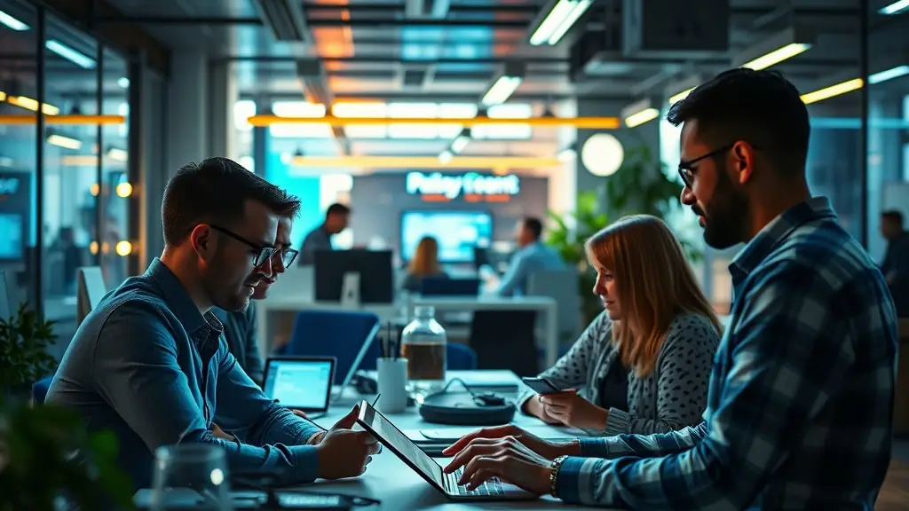 Business professionals comparing payment processors and evaluating merchant services options for lower fees and profit sharing