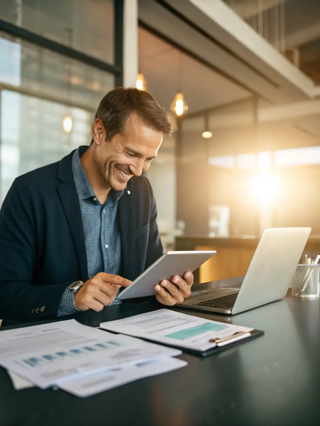 Business owner using online dashboard to track credit card processing fees, savings, and merchant services performance