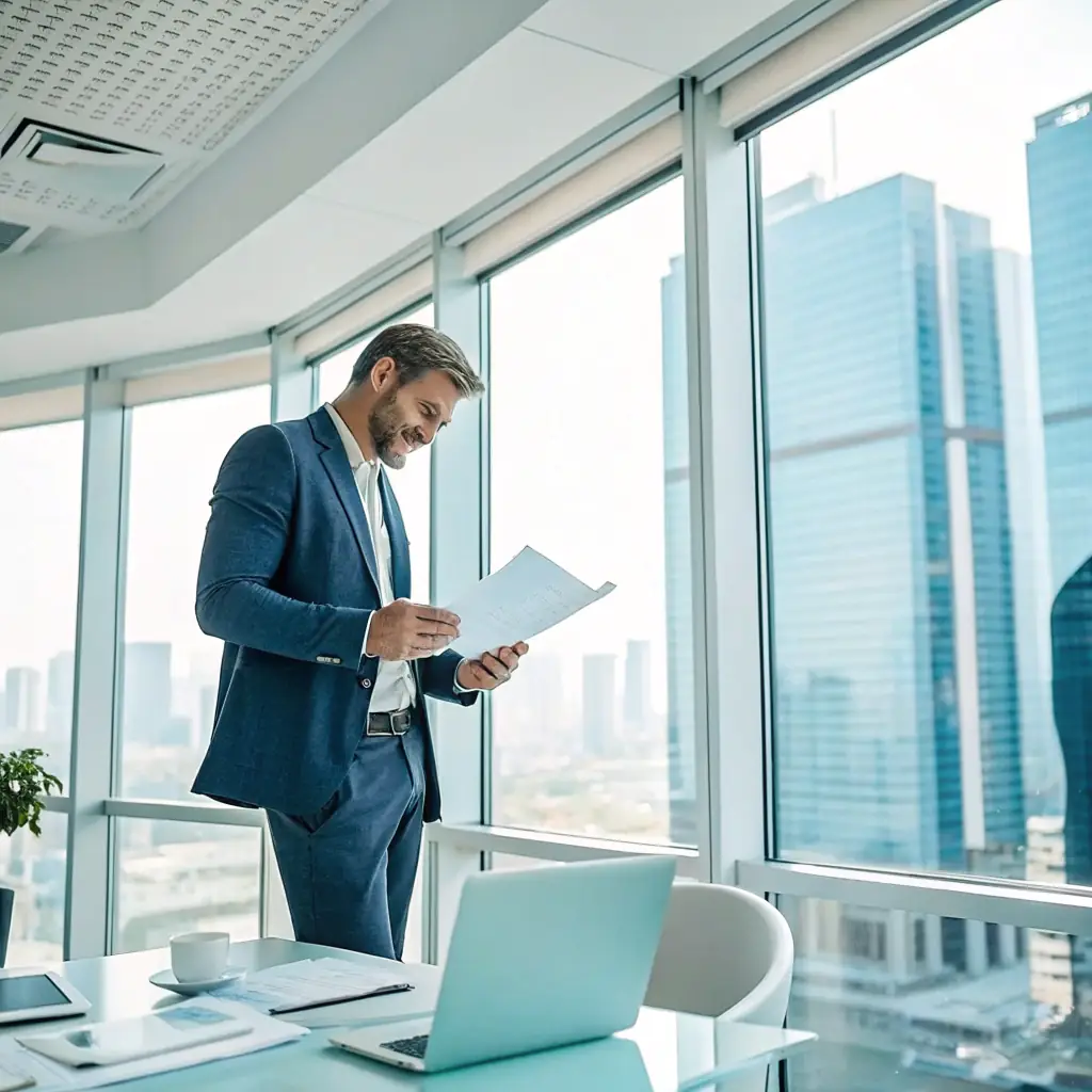 Business owner reviewing financial reports while earning monthly residual income from credit card processing profit sharing